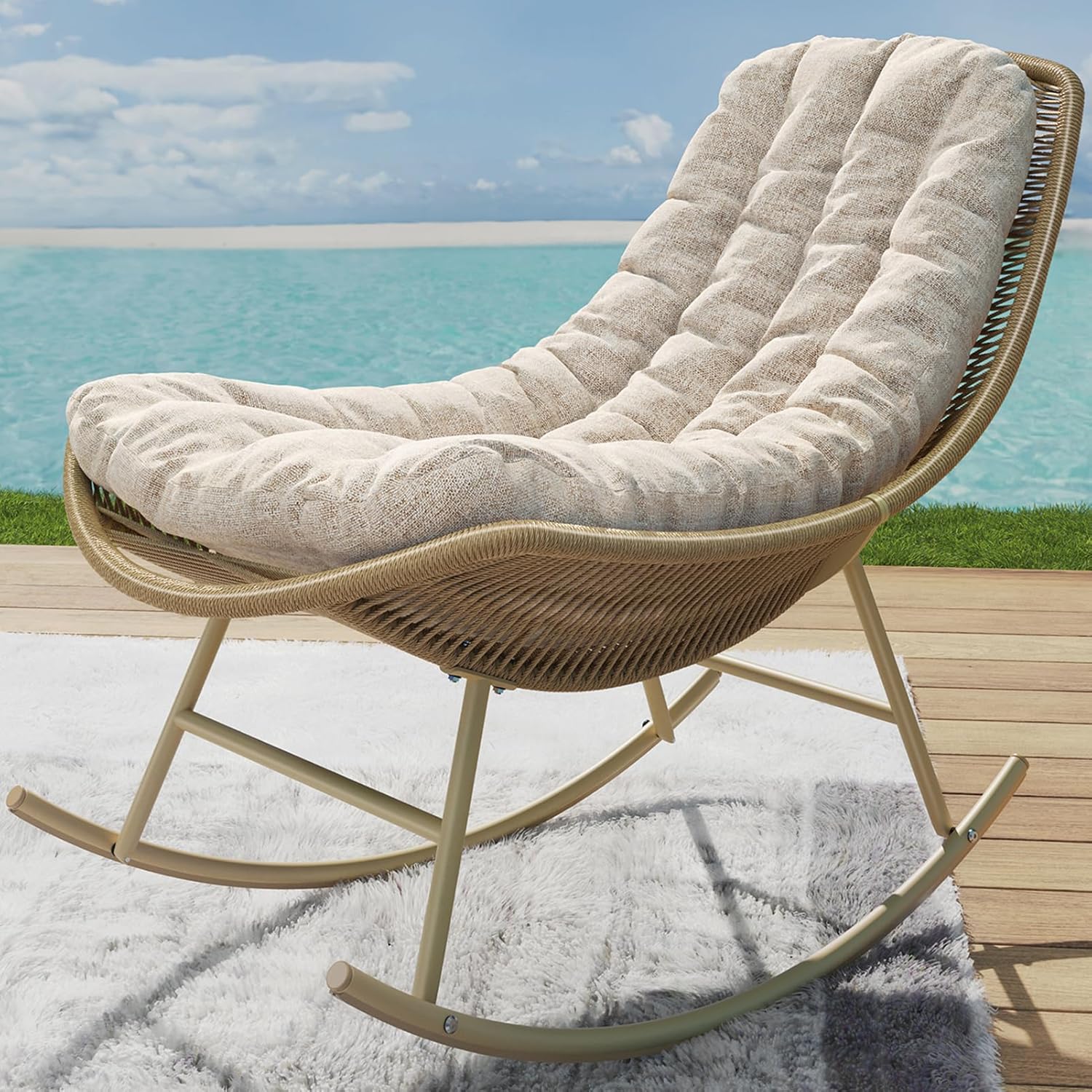 Outdoor Rocking Chair, Handwoven Wicker Rocker with Cushion