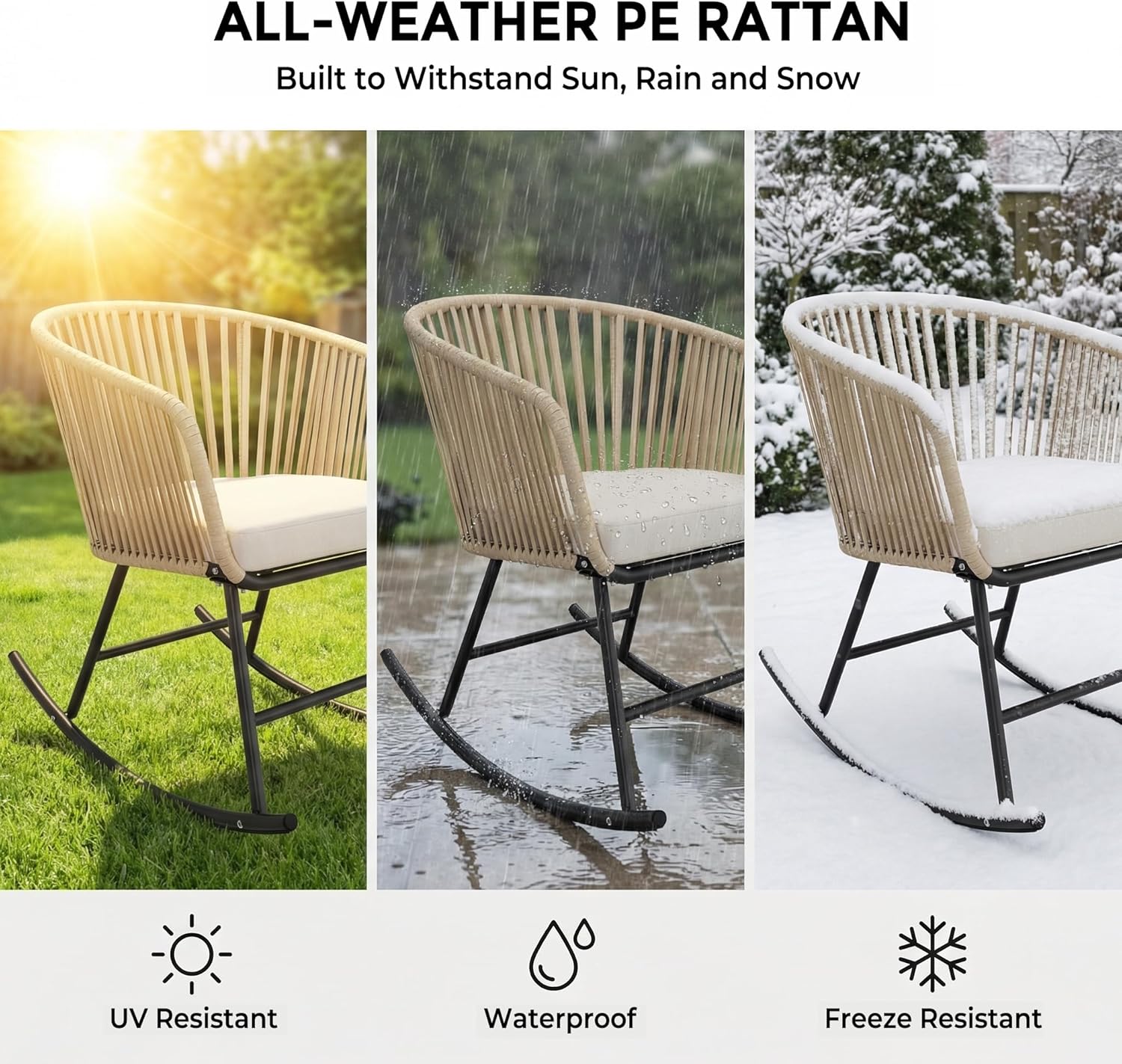Outdoor Rocking Chairs Set of 2, All-Weather Wicker Patio Rocking Chairs with Thick Cushion