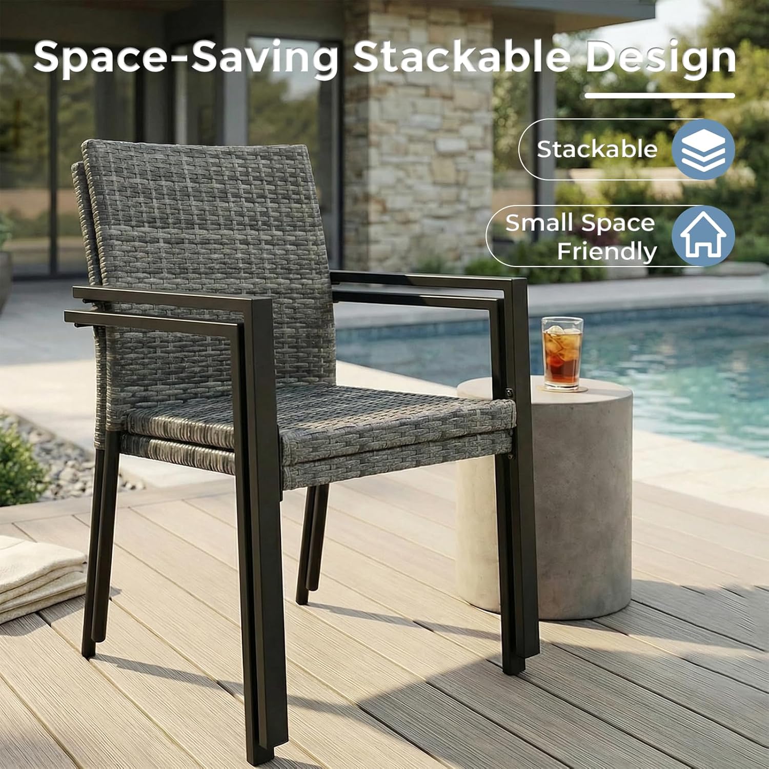 Stackable Patio Chairs Set of 2, Outdoor Wicker Dining Chairs with Armrests & Steel Frame