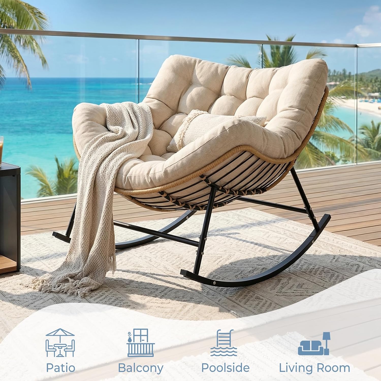 Oversized Rocking Papasan Chair, Outdoor Wicker Egg Rocker with Thick Cushion