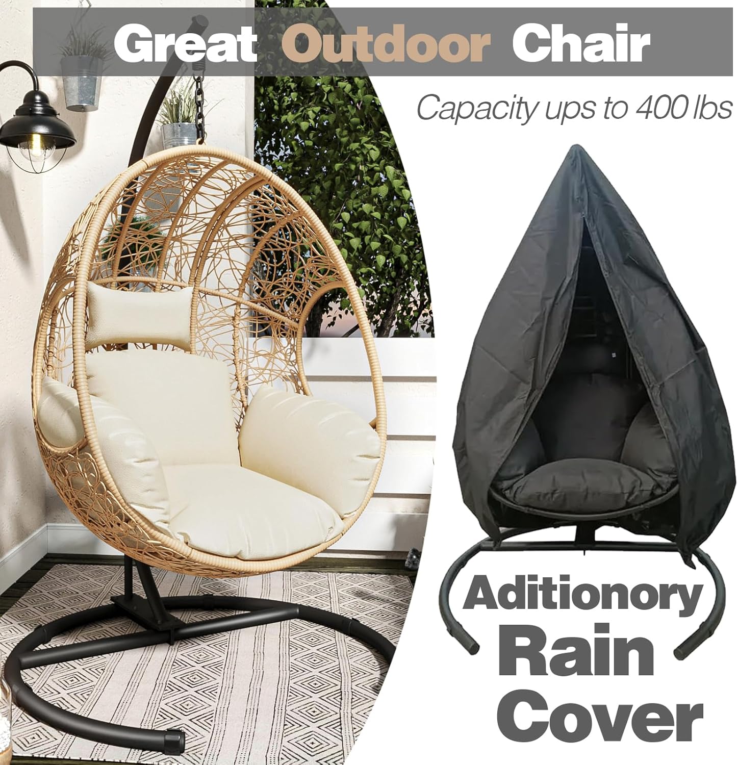 Oversized Hanging Egg Chair with Stand Outdoor Wicker Swing Chair Comfy Hammock Egg Shaped Chair 400lbs Capacity