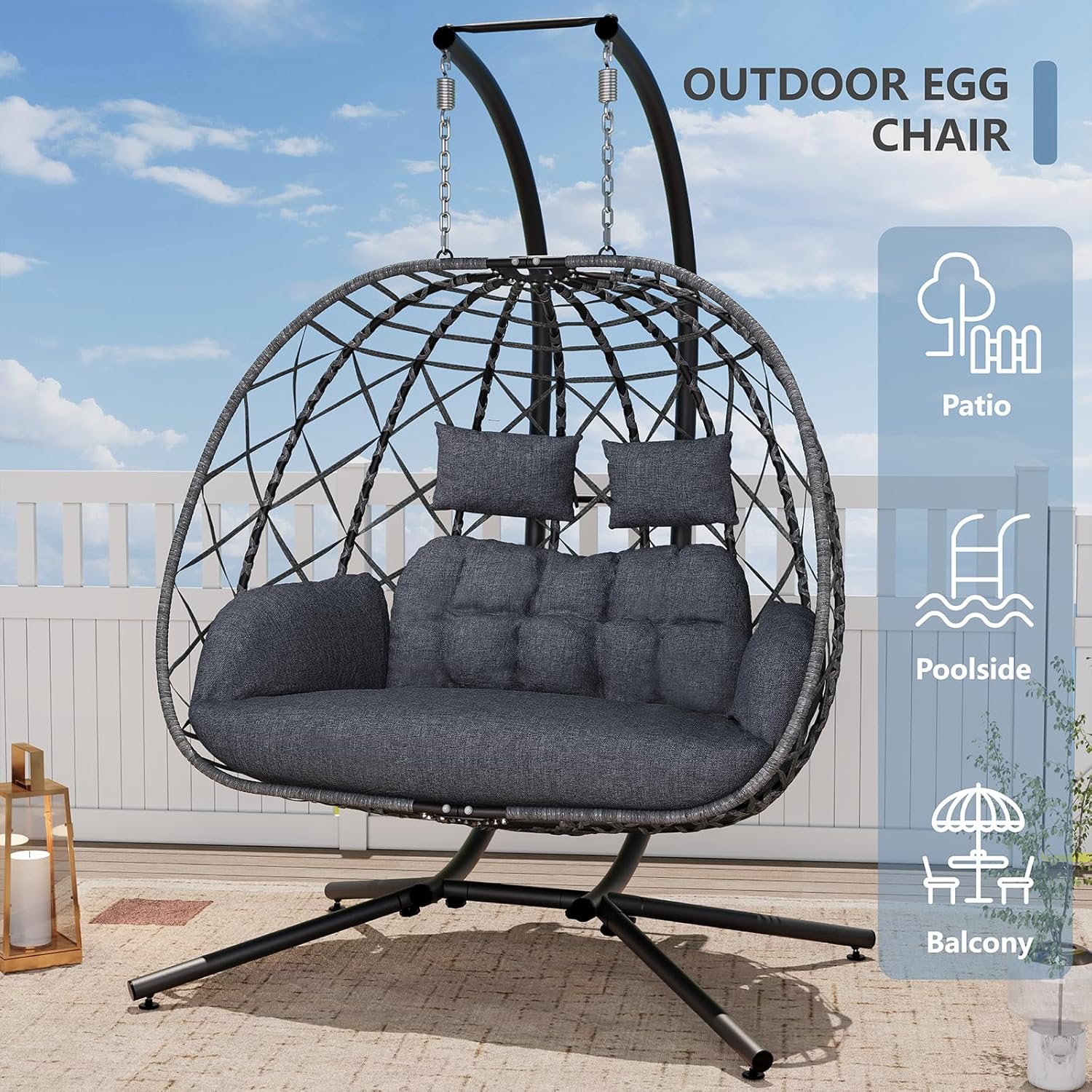 Double Egg Swing Chair with Stand, 2 Person Outdoor Indoor Hammock Hanging Chair