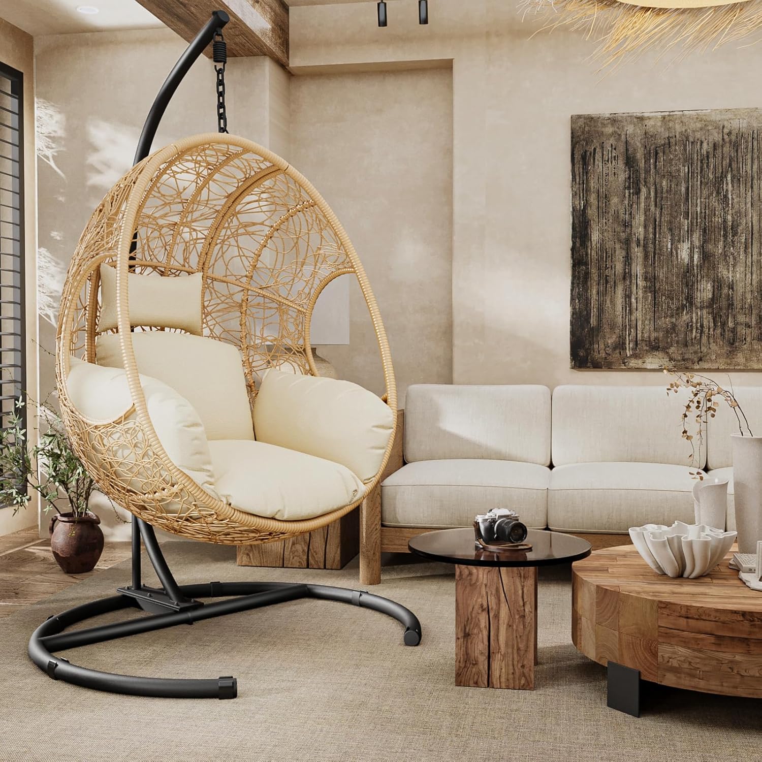 Oversized Hanging Egg Chair with Stand Outdoor Wicker Swing Chair Comfy Hammock Egg Shaped Chair 400lbs Capacity