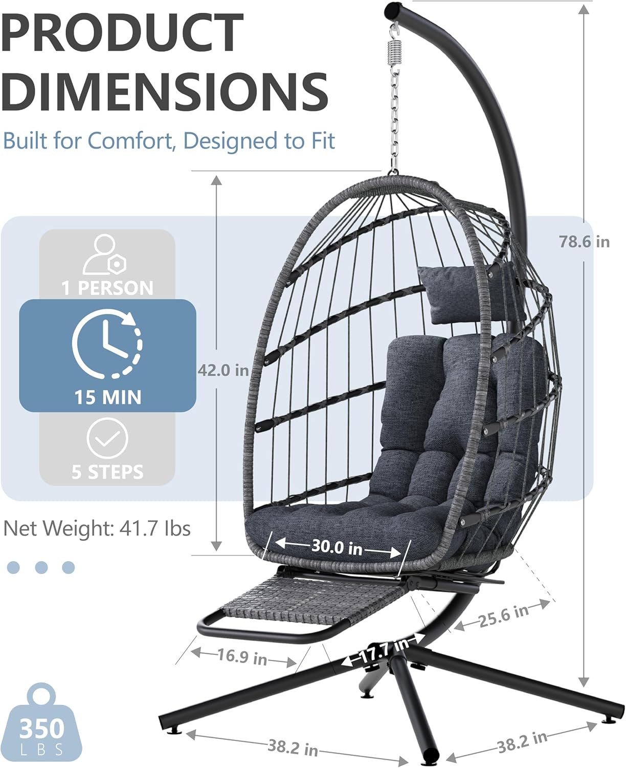 Egg Chair Outdoor with Footrest & Stand, Indoor Wicker Hanging Egg Swing Chair with Cushion