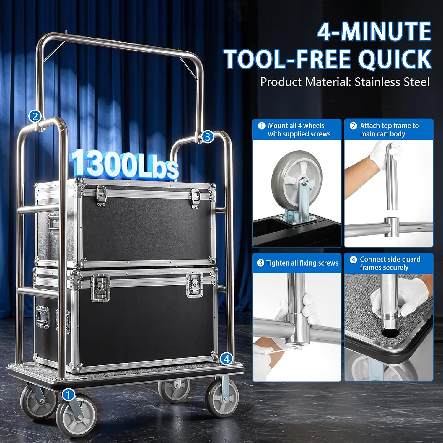 Hotel Luggage Cart, 1300 lbs Rolling Trolley with 8in Wheels