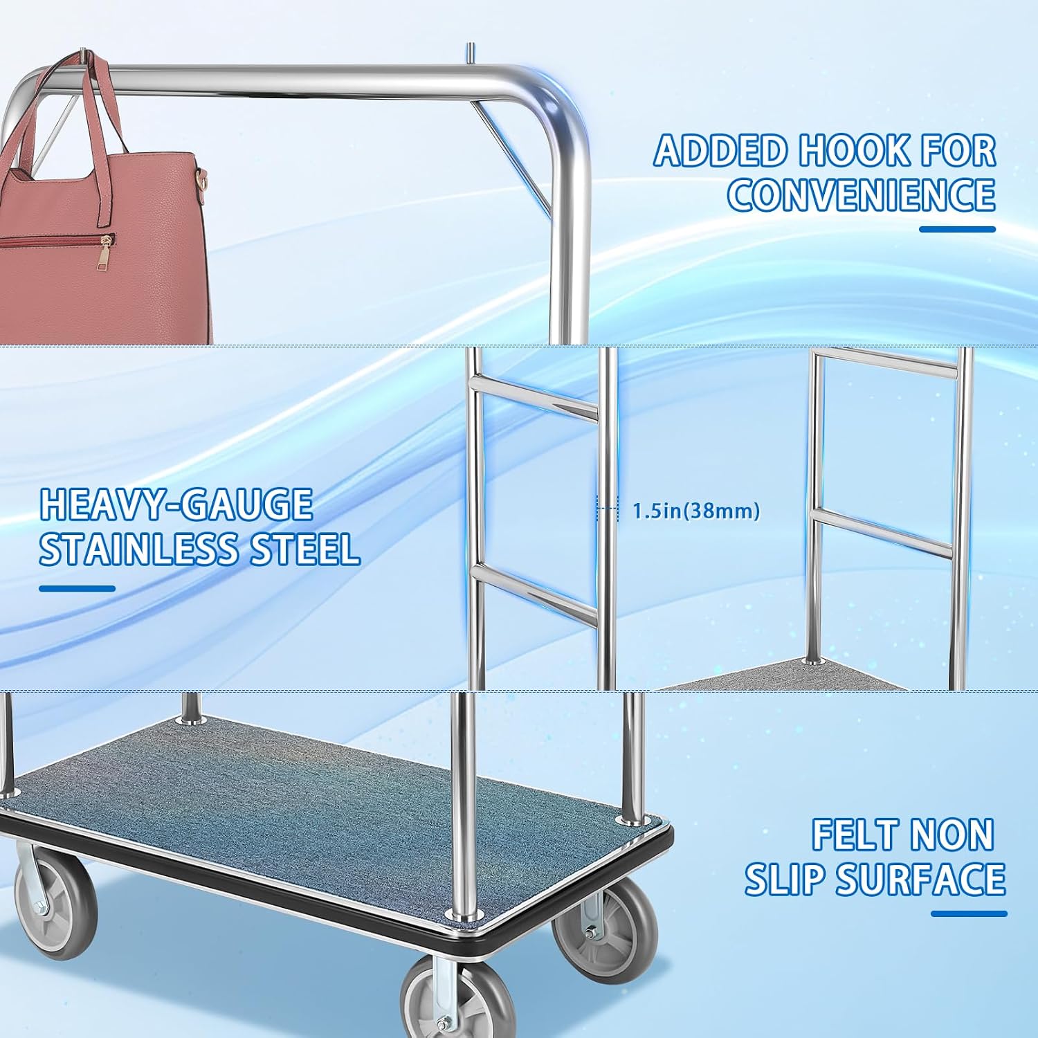 Hotel Luggage Cart, 1300 lbs Rolling Trolley with 8in Wheels