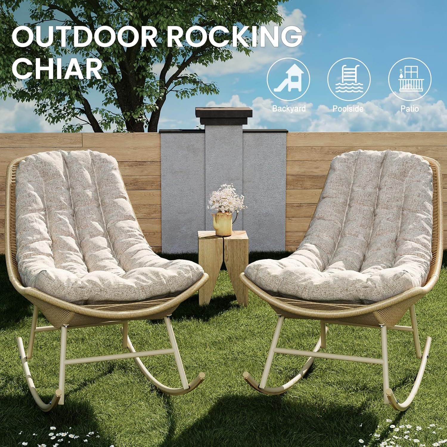 Outdoor Rocking Chair, Handwoven Wicker Rocker with Cushion