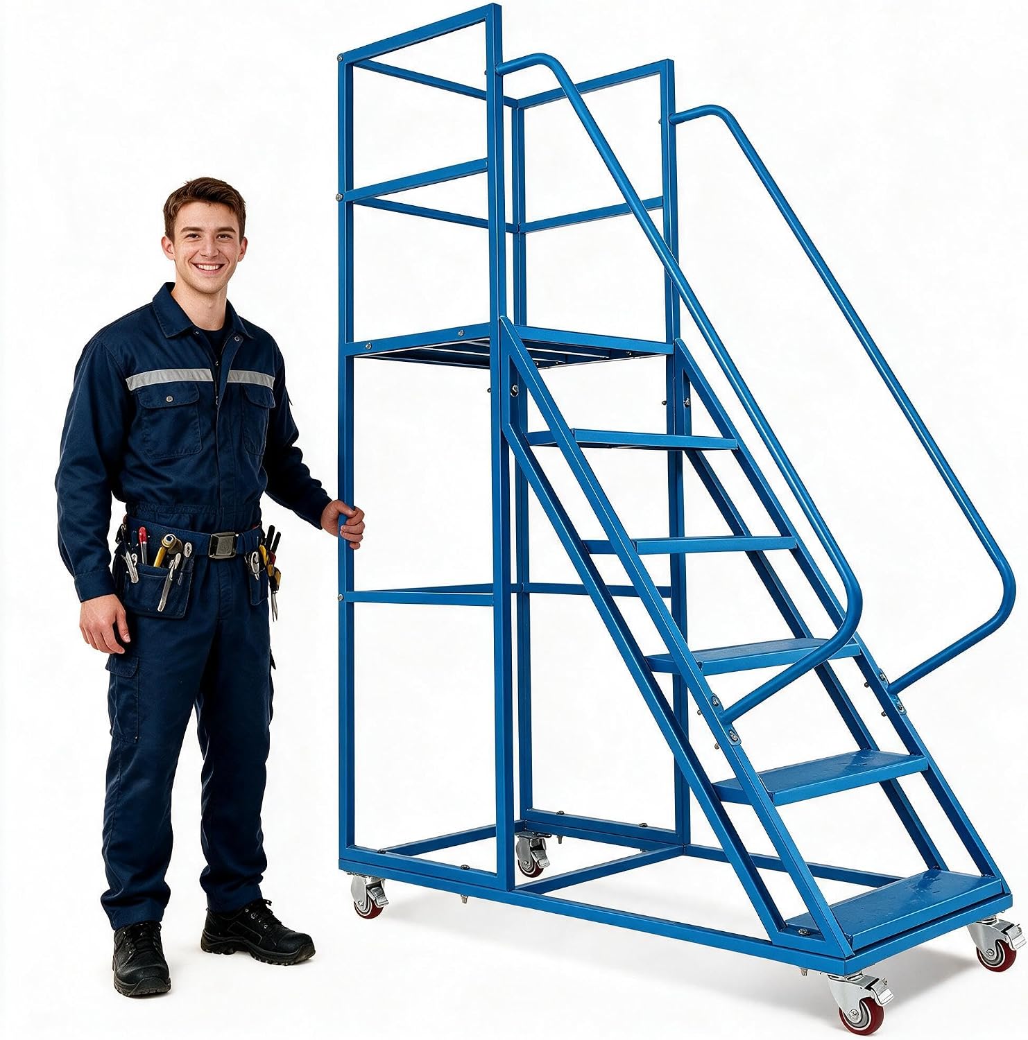 6-Step Rolling Step Ladder with Wheels, | 3-Sided Fence, 4 Locking Wheels, 1213LBS Capacity