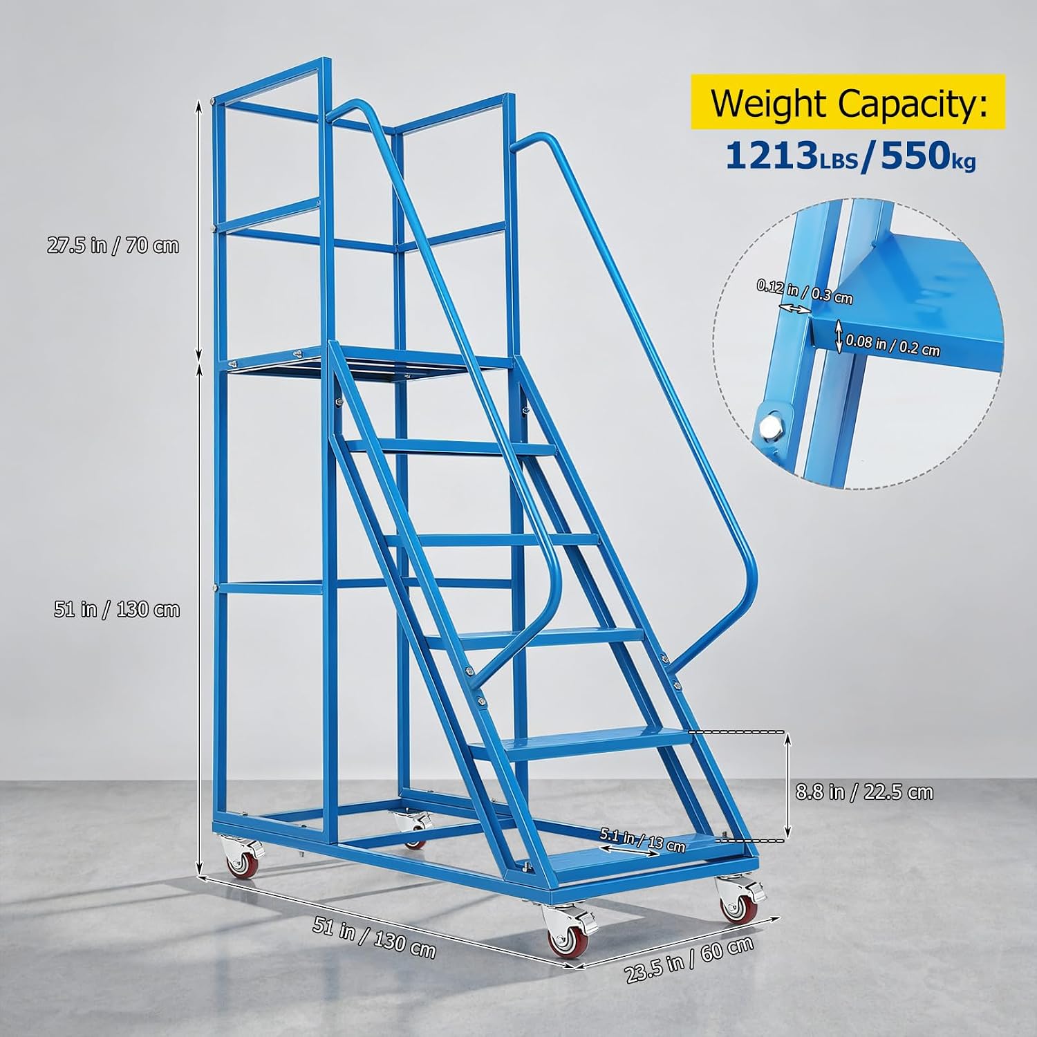 6-Step Rolling Step Ladder with Wheels, | 3-Sided Fence, 4 Locking Wheels, 1213LBS Capacity