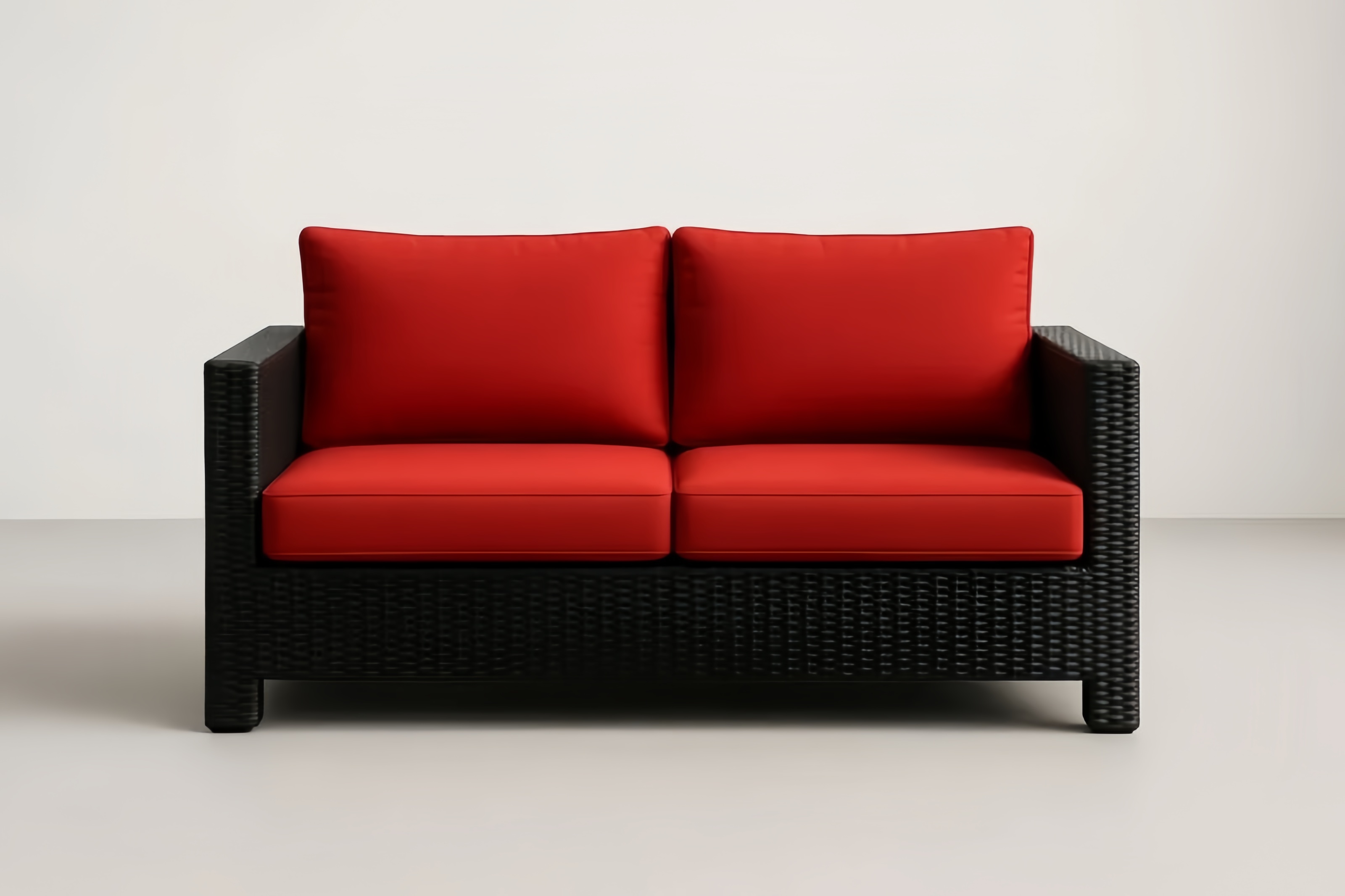Sofa dwuosobowa z rattanu PE i czerwonymi poduszkami poliestrowymi