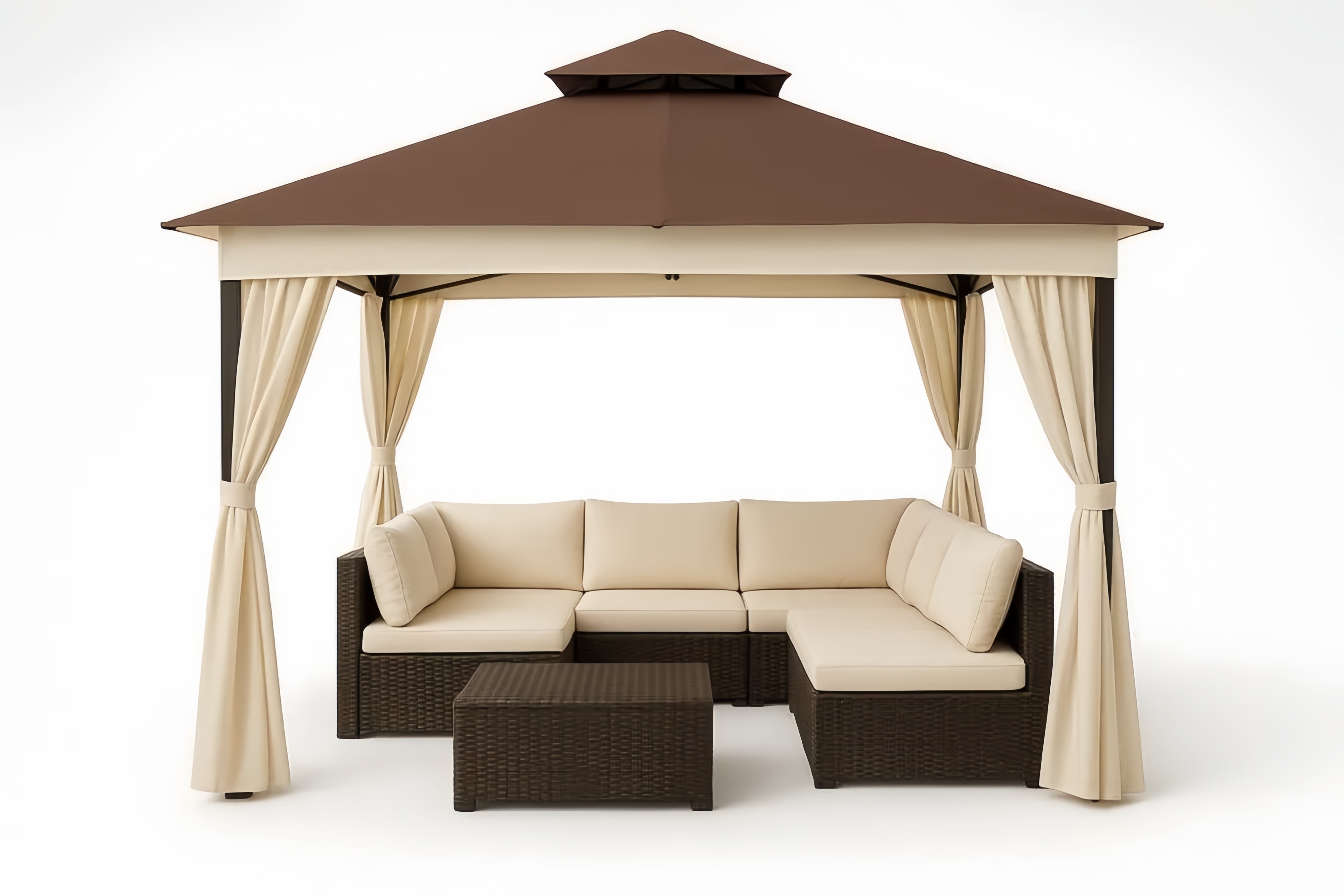 Altana ogrodowa z metalową strukturą i zestawem mebli rattanowych brązowy beż