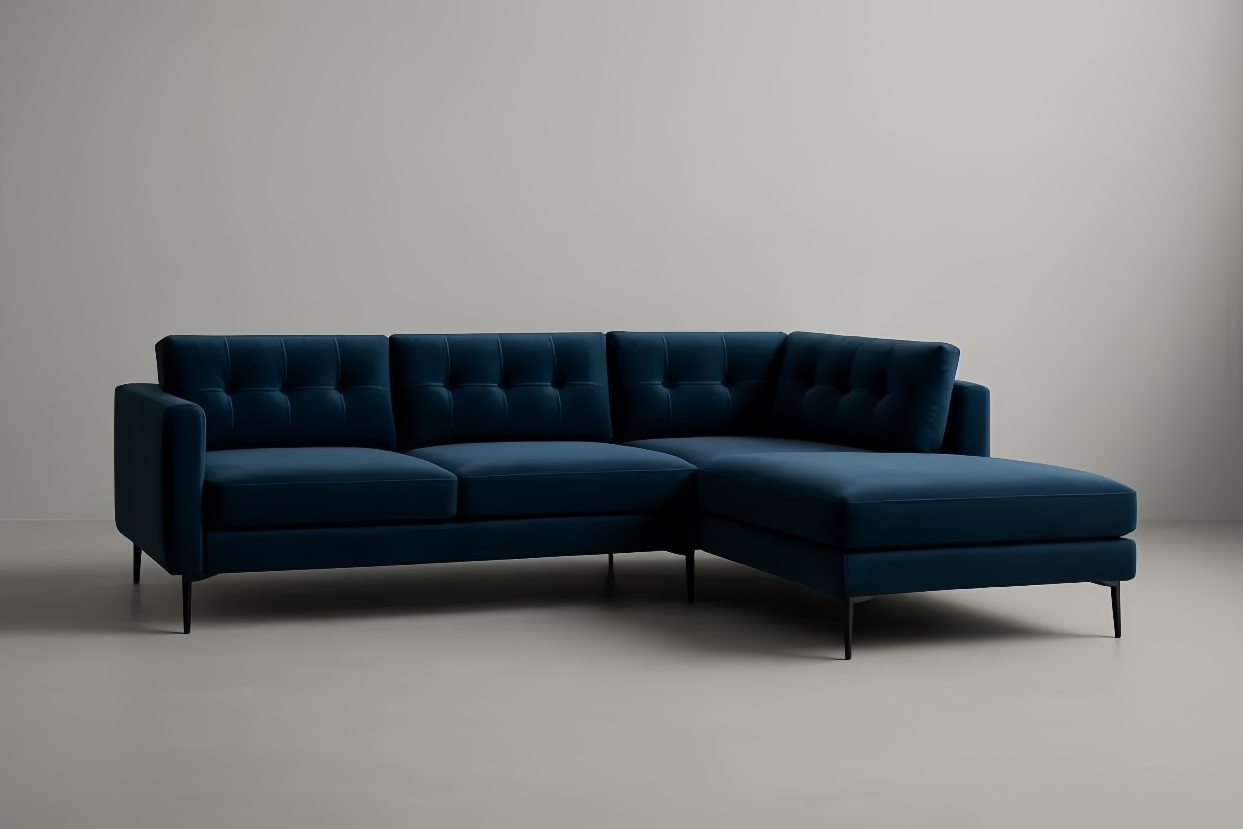 Narożnik welurowy granatowy z podłokietnikami i metalowymi nogami