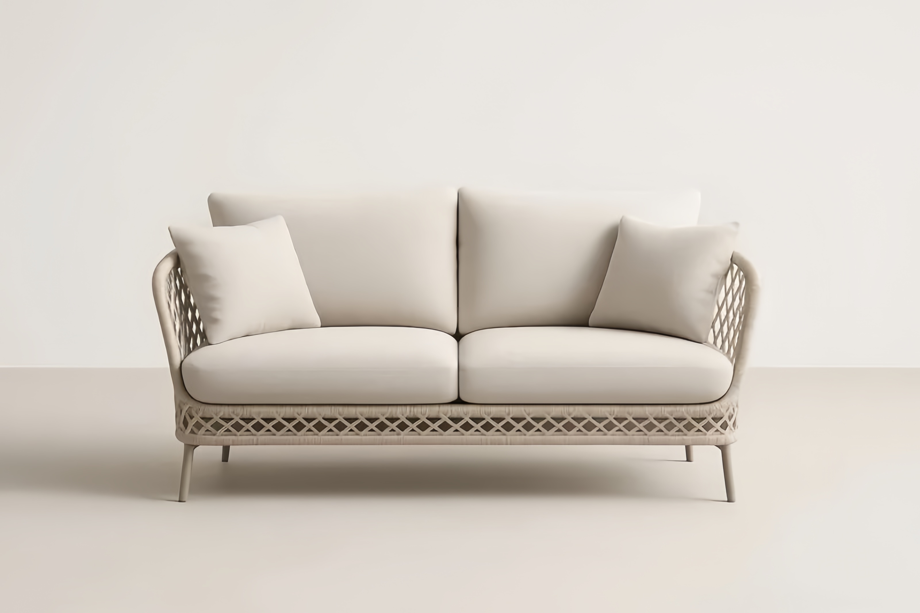 Kremowa dwuosobowa sofa z plecionki z poduszkami