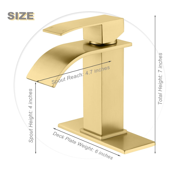 Waterfall Faucet for Bathroom Sink, Single Hole Bathroom Faucet Brushed Gold with Pop Up Drains