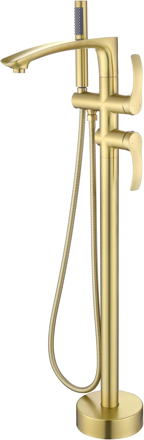 Free Standing Tub Faucet, Brushed Gold Floor Mount Bathtub Faucet with 360 Swivel Spout and Hand Shower