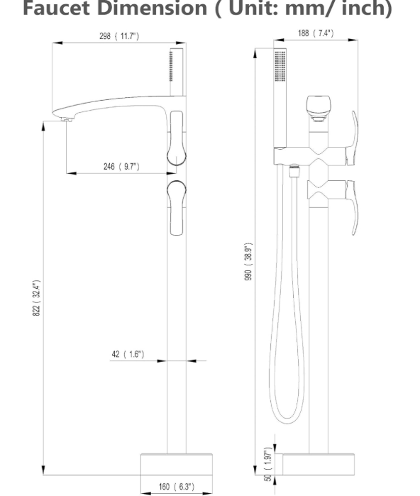 Free Standing Tub Faucet, Brushed Gold Floor Mount Bathtub Faucet with 360 Swivel Spout and Hand Shower