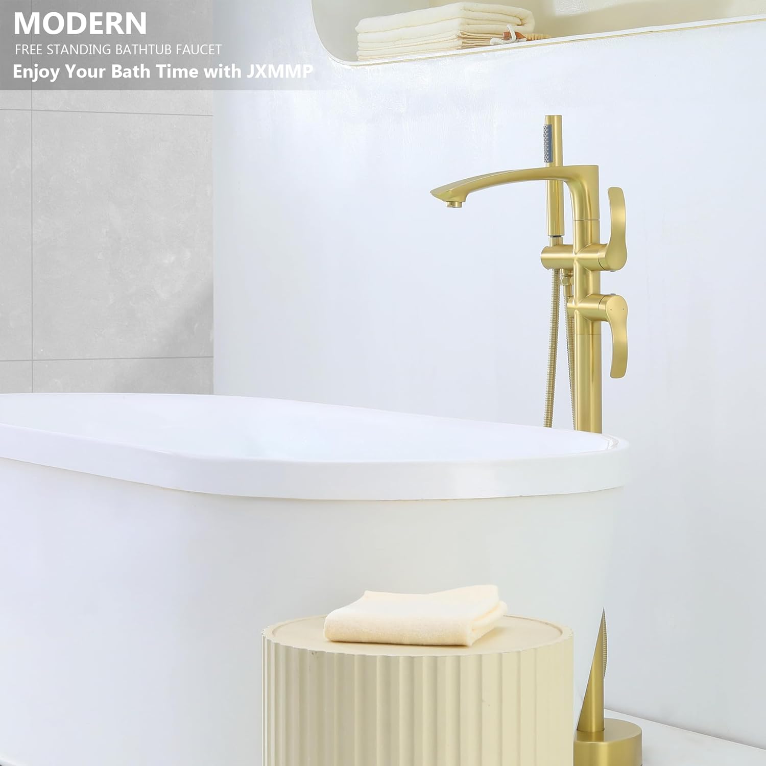 Free Standing Tub Faucet, Brushed Gold Floor Mount Bathtub Faucet with 360 Swivel Spout and Hand Shower