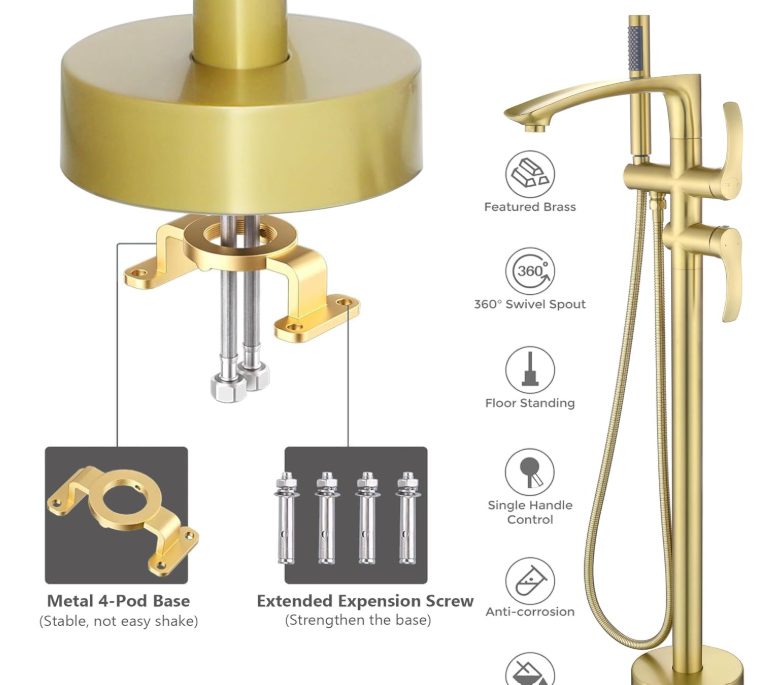 Free Standing Tub Faucet, Brushed Gold Floor Mount Bathtub Faucet with 360 Swivel Spout and Hand Shower