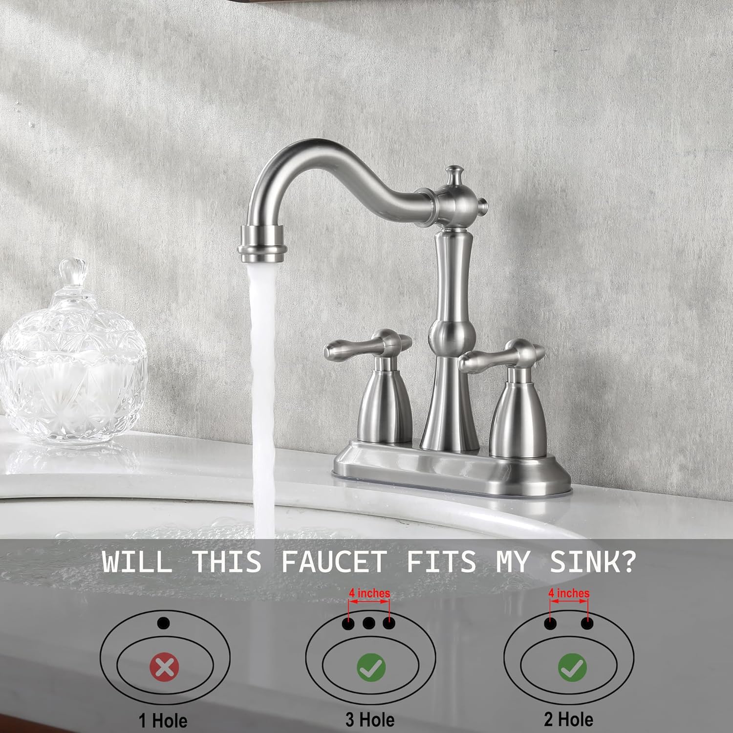 Brushed Nickel Bathroom Sink Faucet, Stainless Steel Centerset Antique Bathroom Faucet with Drain and Supply Hose