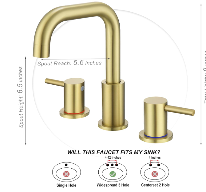 Brushed Gold Bathroom Faucet, 8 in Gold Widespread Bathroom Sink Faucet 3 Hole with Pop Up Drain and Supply Lines