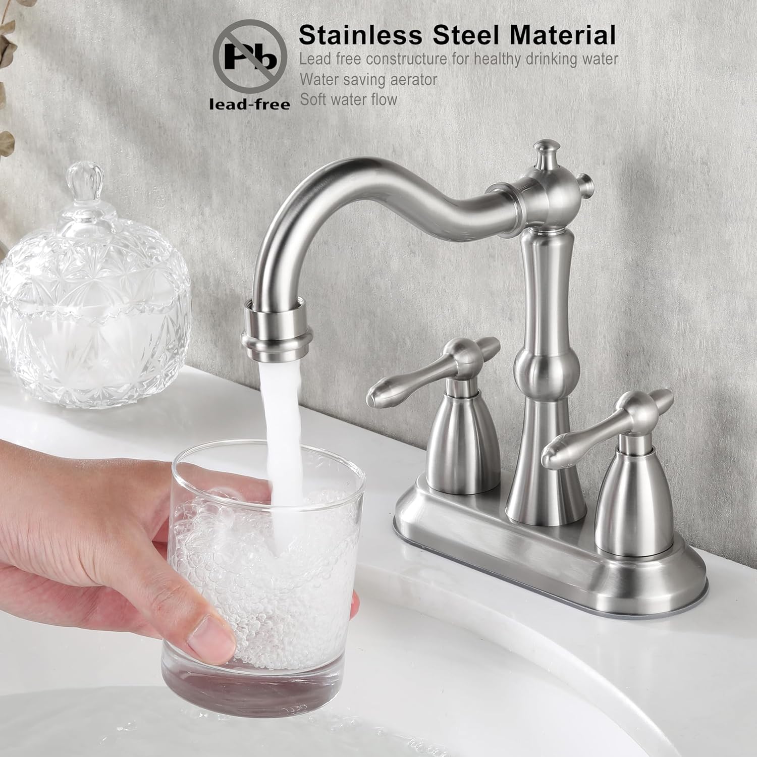 Brushed Nickel Bathroom Sink Faucet, Stainless Steel Centerset Antique Bathroom Faucet with Drain and Supply Hose