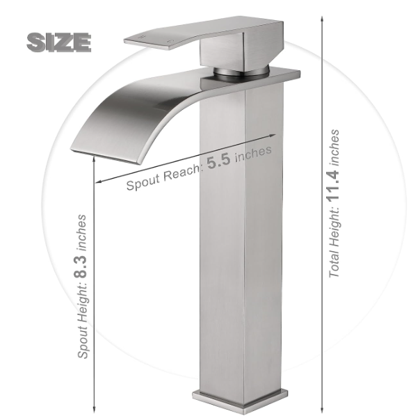 Vessel Sink Bathroom Faucet, Brushed Nickel Single Hole Waterfall Sink Faucets with Supply Hose and Pop Up Drain