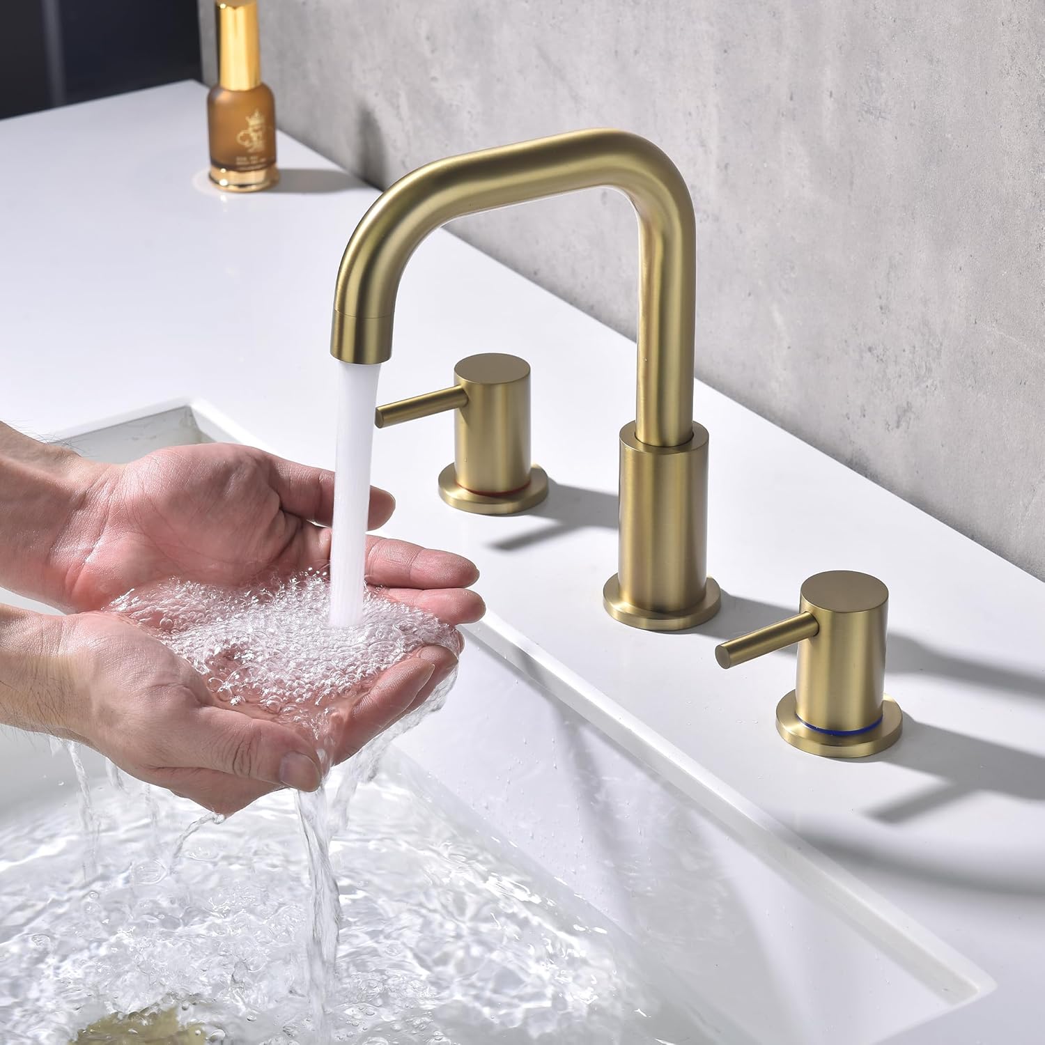 Brushed Gold Bathroom Faucet, 8 in Gold Widespread Bathroom Sink Faucet 3 Hole with Pop Up Drain and Supply Lines