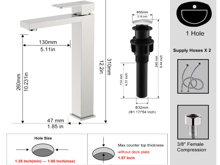 Brushed Nickel Vessel Sink Facuet Single Handle Tall Bathroom Sink Faucet Vanity Bathroom Faucet Basin Mixer Tap with Water Supply Hose and Pop Up Sink Drain