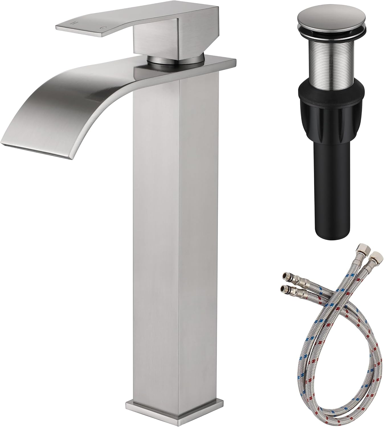Vessel Sink Bathroom Faucet, Brushed Nickel Single Hole Waterfall Sink Faucets with Supply Hose and Pop Up Drain