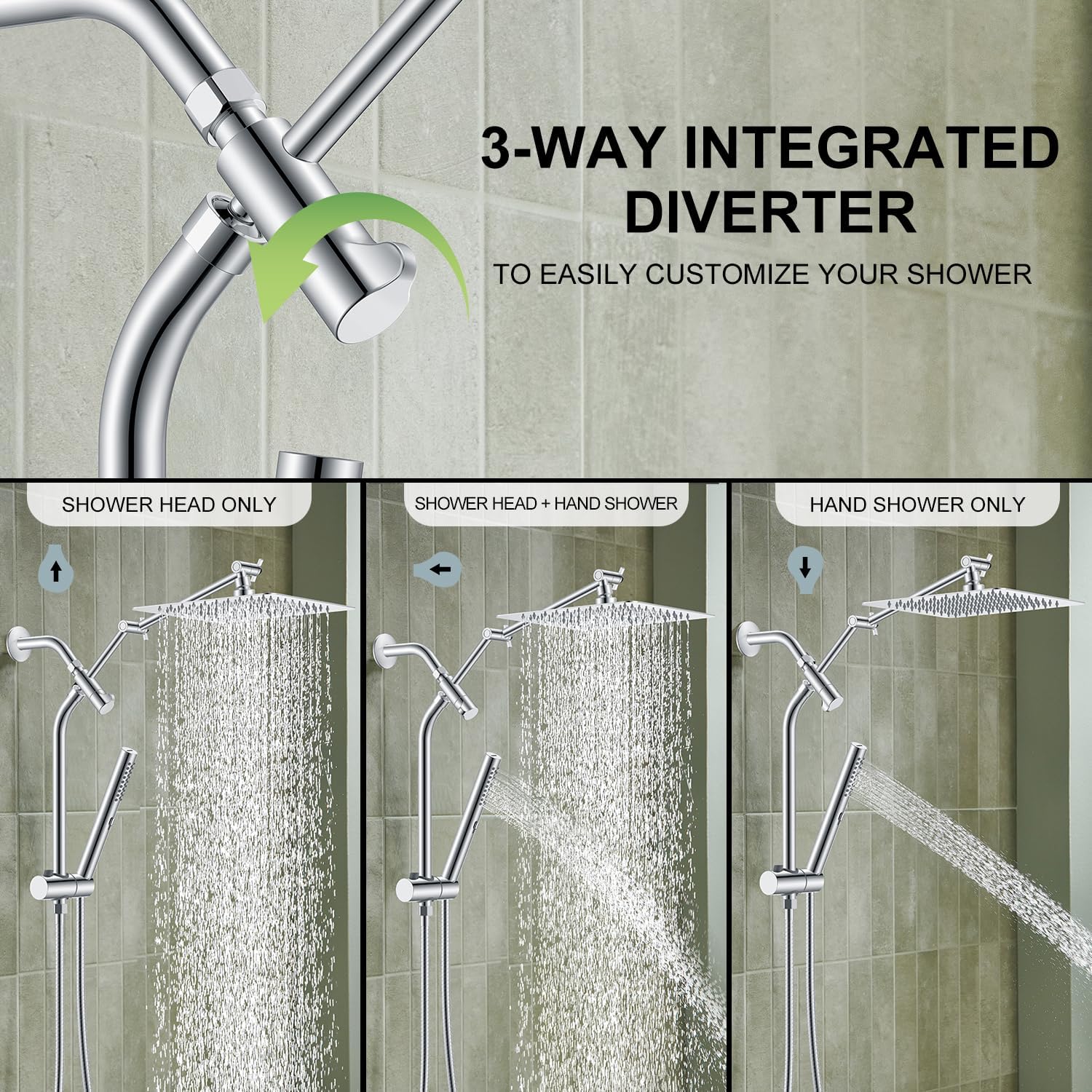 10 Inch All Metal Rain Shower Head with Handheld Spray Combo, High Pressure Rainfall Shower Head wih Adjustable Extension Arm
