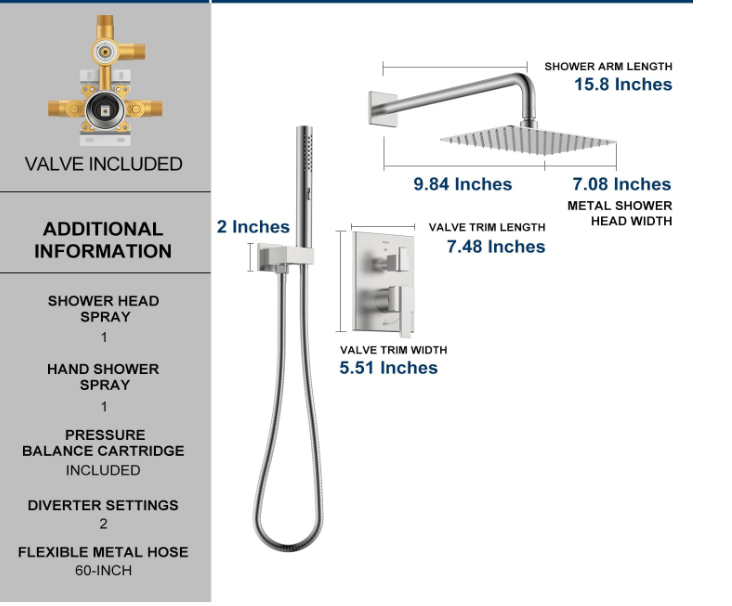 Square Rainfall Shower System Faucet Set, Brushed Nickel Rain Shower Head and Handle Set
