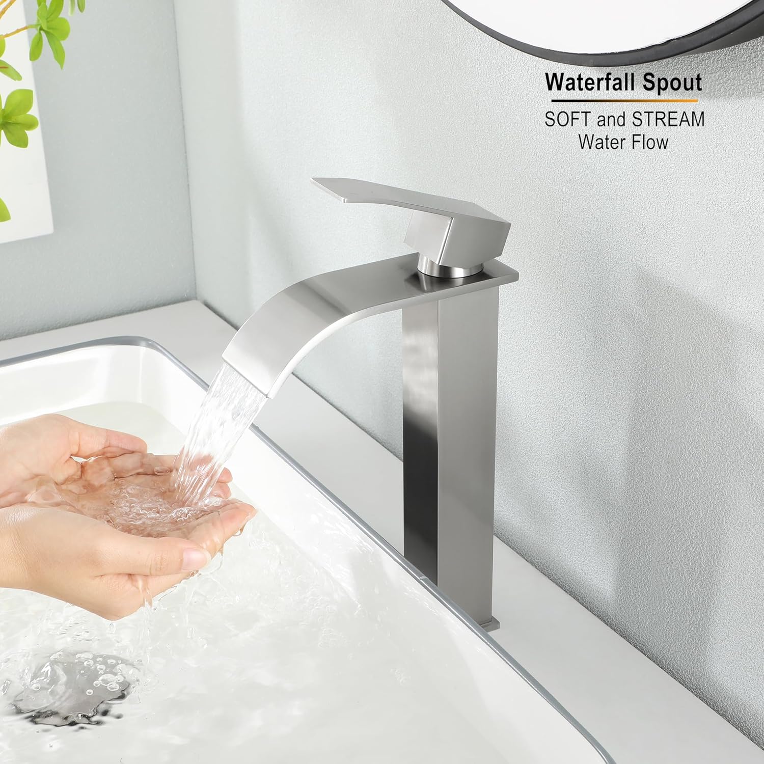 Vessel Sink Bathroom Faucet, Brushed Nickel Single Hole Waterfall Sink Faucets with Supply Hose and Pop Up Drain