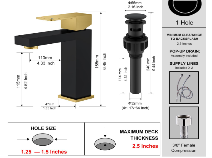 Single Handle Bathroom Sink Faucet, Black and Gold Bathroom Faucets Single Hole, Vanity Faucet with Pop Up Drain and Supply Lines