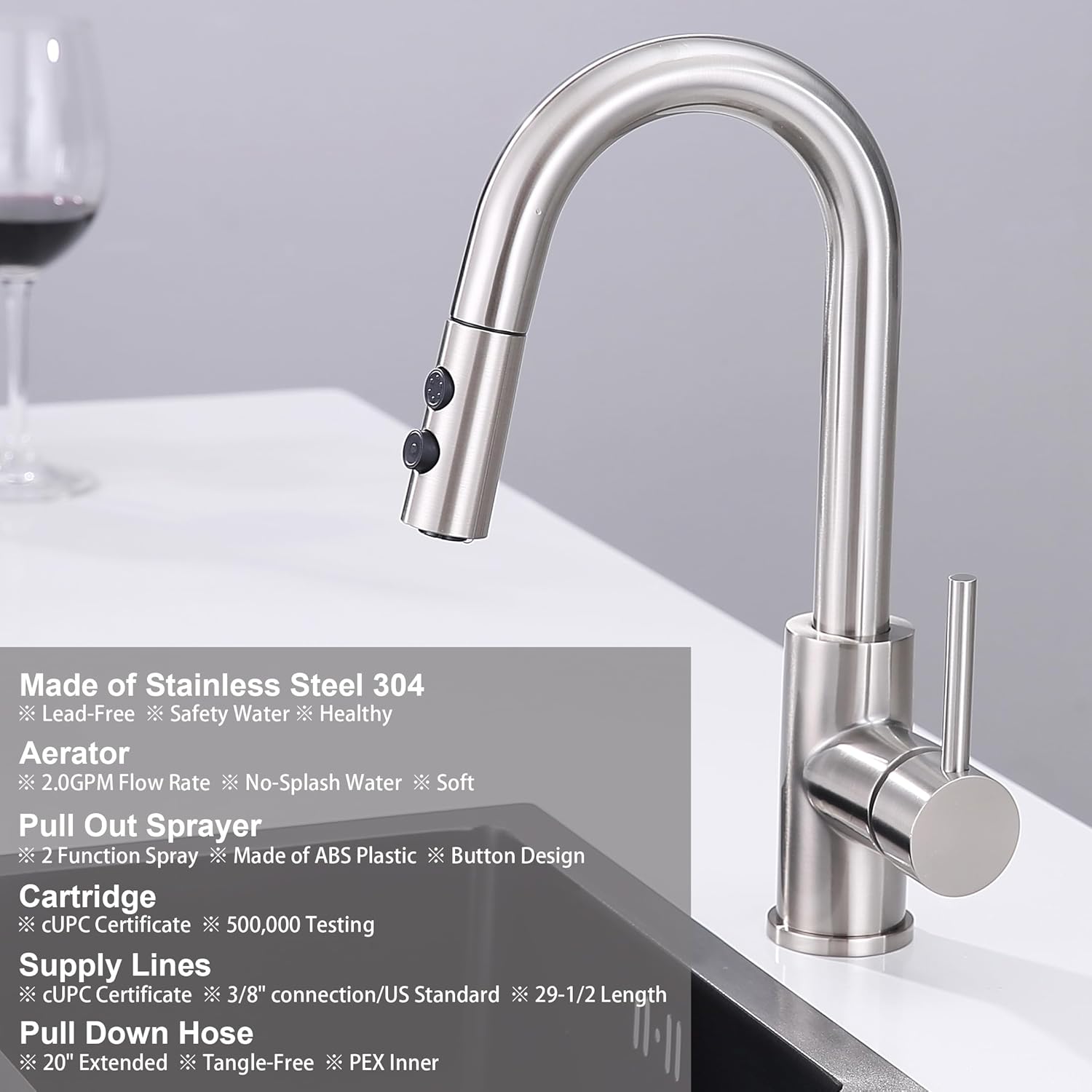 Bar Faucet with Pull Out Sprayer Single Hole, The Single Handle Stainless Steel Brushed Nickel Bar Sink Faucets with Sprayer