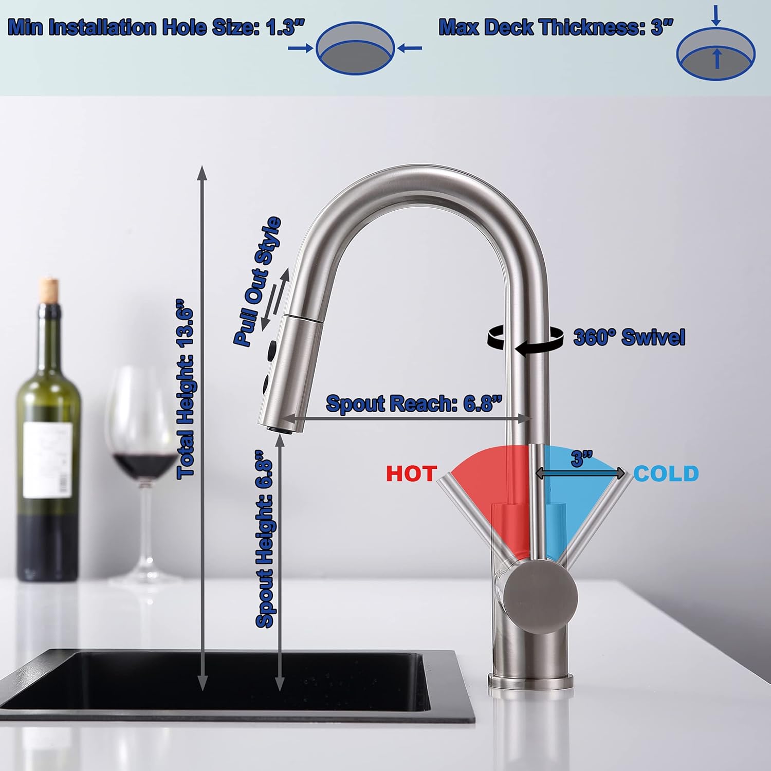Bar Faucet with Pull Out Sprayer Single Hole, The Single Handle Stainless Steel Brushed Nickel Bar Sink Faucets with Sprayer