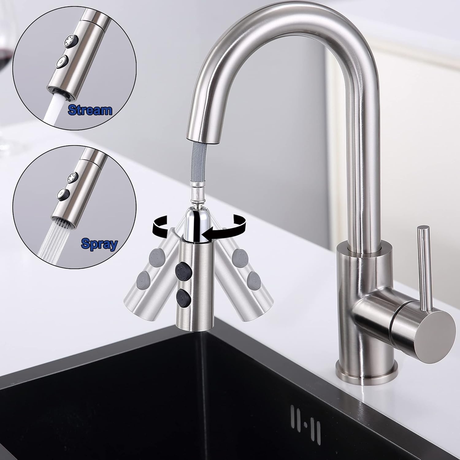 Bar Faucet with Pull Out Sprayer Single Hole, The Single Handle Stainless Steel Brushed Nickel Bar Sink Faucets with Sprayer