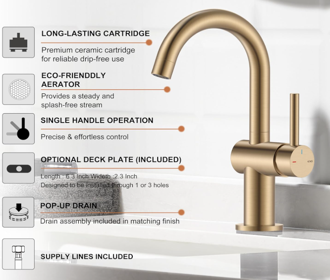  Champagne Bronze Bathroom Faucet 1 Hole, Single Handle Gold Bathroom Sink Faucet for Vanity