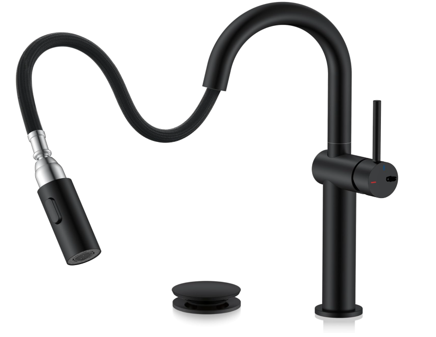 Matte Black Tall Bathroom Faucet with Pull Out Sprayer, Pull Down Vessel Sink Faucet 1 Hole