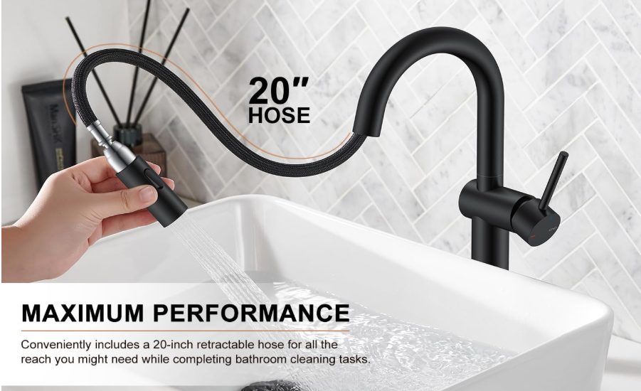 Matte Black Tall Bathroom Faucet with Pull Out Sprayer, Pull Down Vessel Sink Faucet 1 Hole