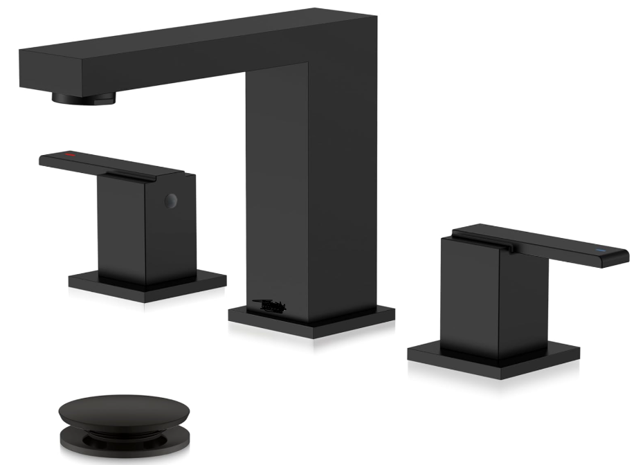 Black Widespread Bathroom Faucet 3 Hole Bathroom Sink Faucet Matte Black Two Handle, 8-Inch 3 Pieces Bathroom Vanity Faucet with Pop Up Drain & Supply Lines