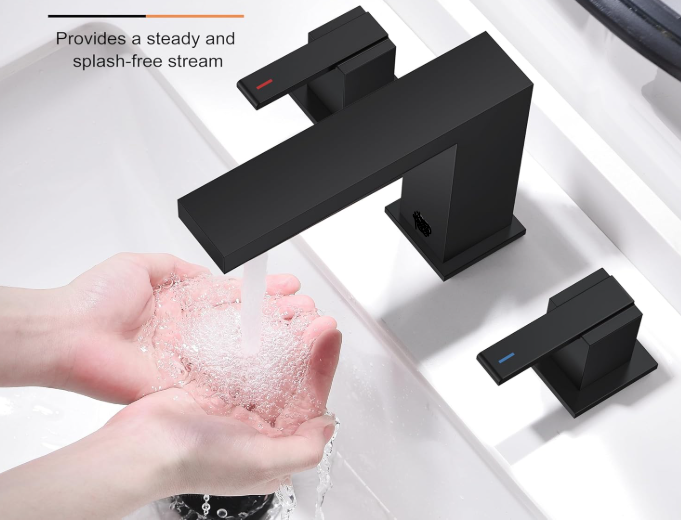 Black Widespread Bathroom Faucet 3 Hole Bathroom Sink Faucet Matte Black Two Handle, 8-Inch 3 Pieces Bathroom Vanity Faucet with Pop Up Drain & Supply Lines