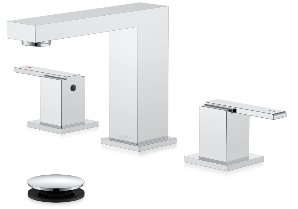 Polished Chrome Widespread Bathroom Faucet 2 Handle Bathroom Sink Faucet 3 Hole, 8-Inch 3 Pieces Vanity Faucet with Pop Up Drain & Supply Lines