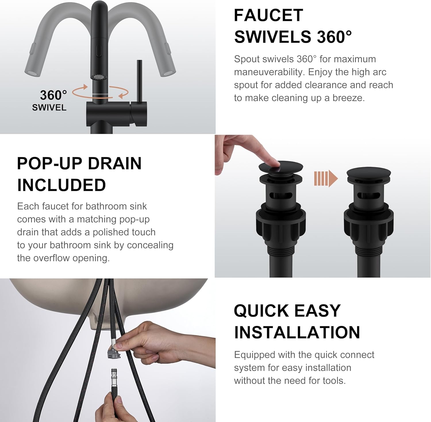 Matte Black Tall Bathroom Faucet with Pull Out Sprayer, Pull Down Vessel Sink Faucet 1 Hole