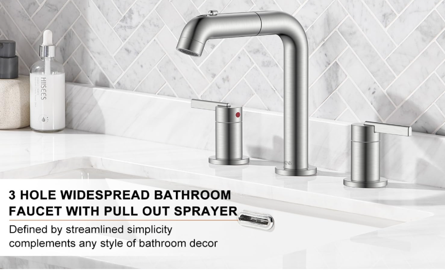 Widespread Bathroom Faucet with Sprayer, Brushed Nickel Bathroom Sink Faucet with Pull Down Sprayer