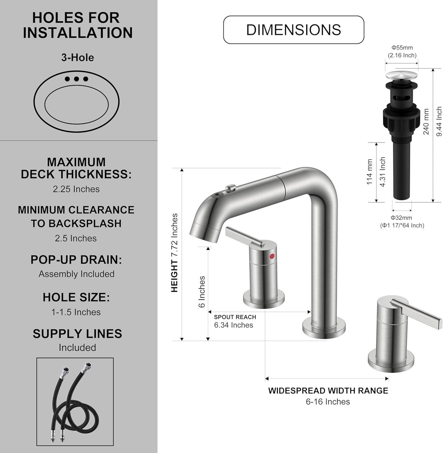 Widespread Bathroom Faucet with Sprayer, Brushed Nickel Bathroom Sink Faucet with Pull Down Sprayer