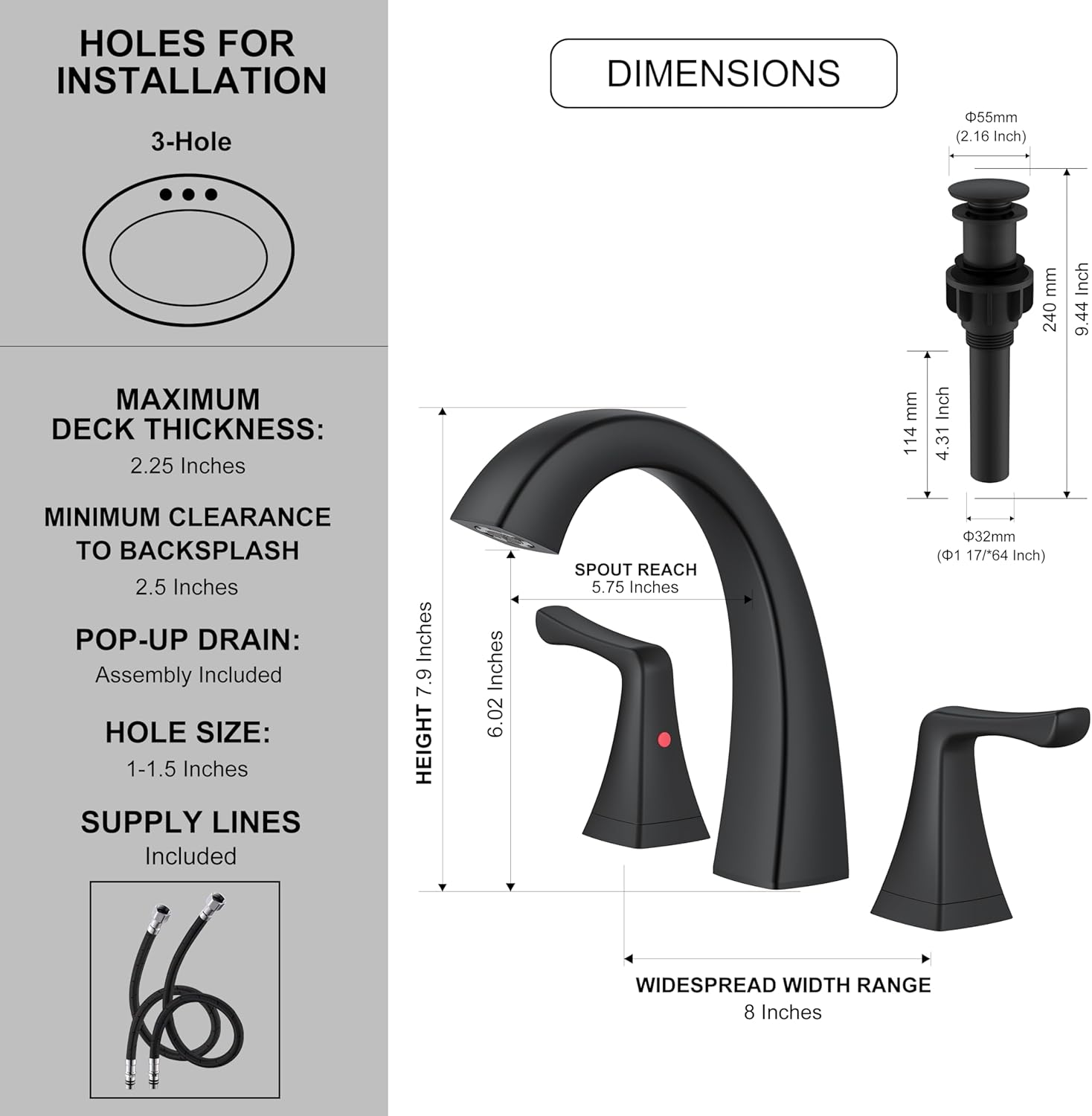  Black Bathroom Faucets for Sink 3 Hole, Matte Black 8 Inch 2 Handle Widespread Bathroom Faucet, Bathroom Vanity Faucet with Pop Up Drain