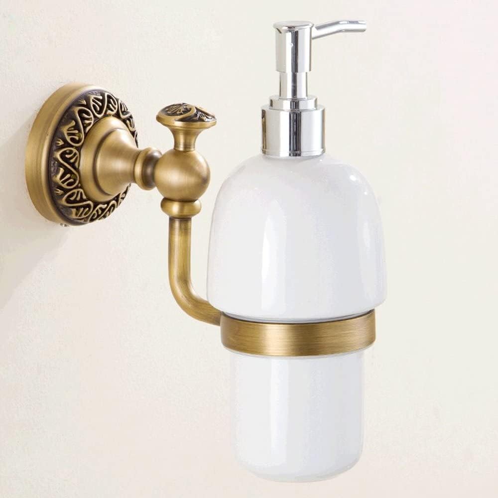 Antique Brass Soap Dispenser,Wall Mount Hand Soap Pump Bathroom Liquid Holder Lotion Bottles Vintage Dish Ceramics Removable for Kitchen Sink Countertop