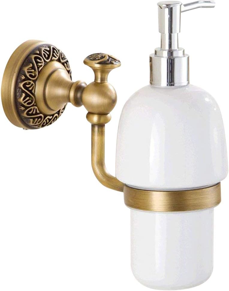 Antique Brass Soap Dispenser,Wall Mount Hand Soap Pump Bathroom Liquid Holder Lotion Bottles Vintage Dish Ceramics Removable for Kitchen Sink Countertop