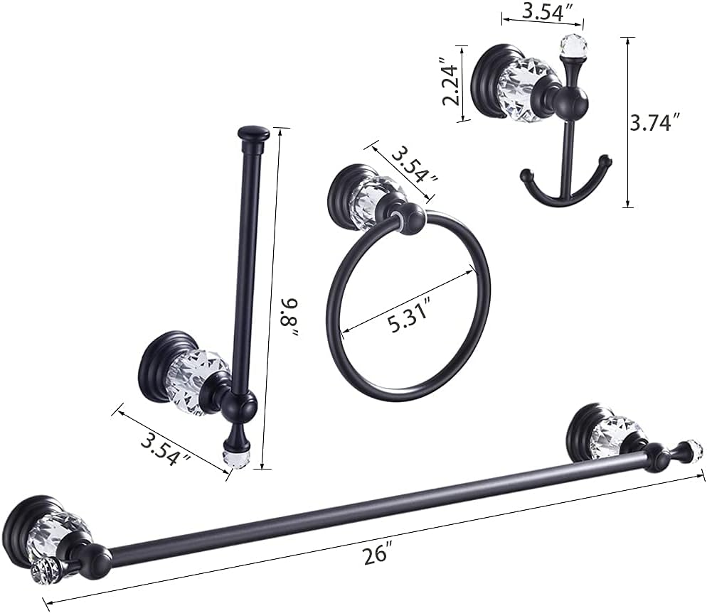 Crystal Bathroom Hardware,Matte Black Adjustable 24 Inch Towel Bar Toilet Paper Holder Towel Ring Coat Hooks 4 Pieces Wall Mounted