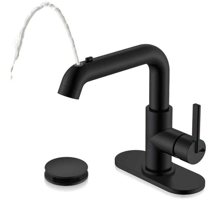 Matte Black Bathroom Faucet with Pull Down Sprayer, Single Handle Bathroom Sink Faucet with Pull Out Sprayer